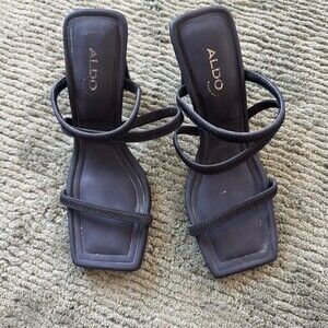 ALDO Womens Black Strappy Square Toe Slip-On Mule Sandals High Block Heel